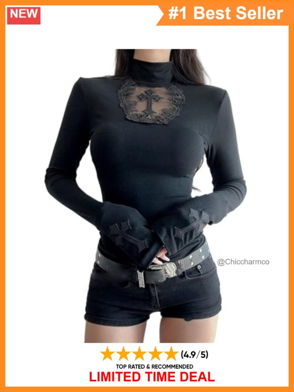 Goth Turtleneck Long Sleeve Fitted Top Grunge Y2k Emo Punk Rave